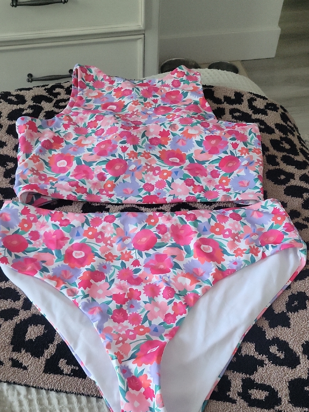 Floral High Neck Bikini Set - Pink Multi